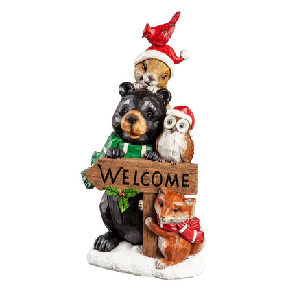 Holiday Forest Friends Welcome Statue. Safe for indoor/outdoor use.