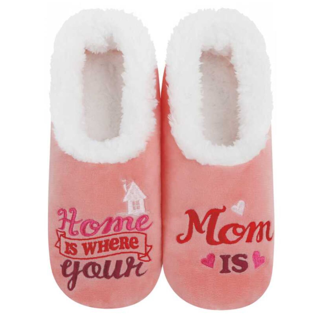 Home is where your mom is slipper with white sherpa lining and anti slip soles