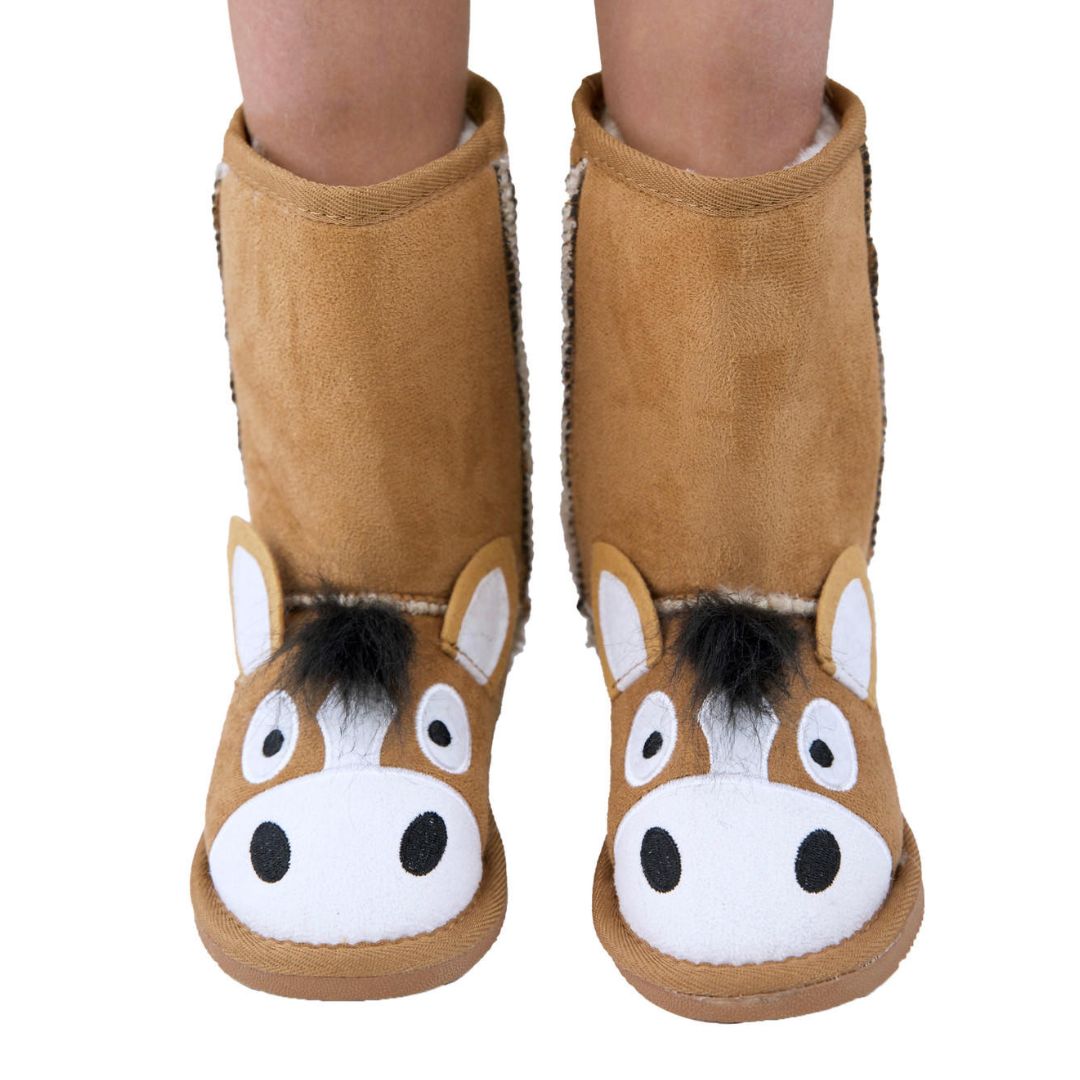 Kids' Horse Toasty Toez Slipper Boots with cozy fleece lining and fun horse face applique, designed for indoor and outdoor play
