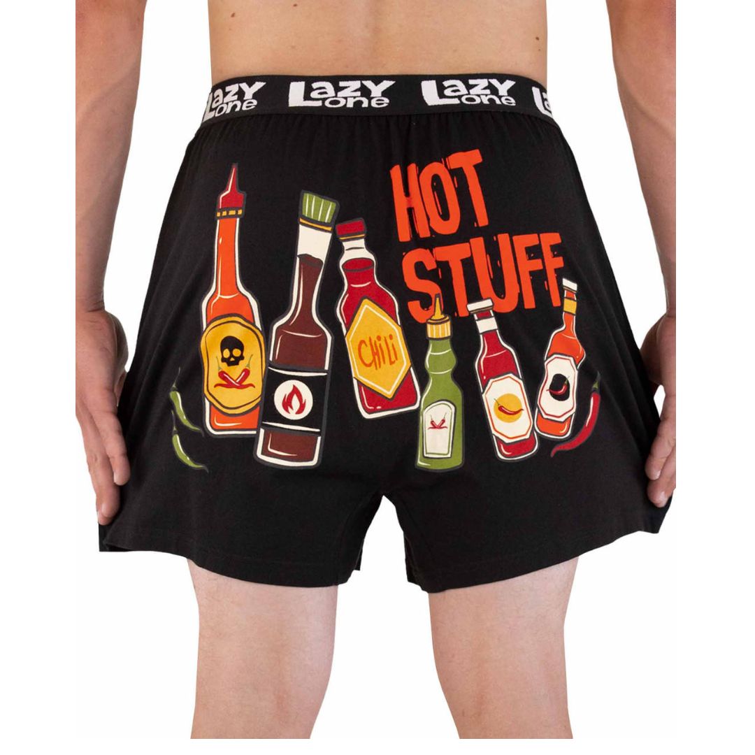 Men's boxers with colorful hot sauce graphics, featuring button fly and exposed elastic waistband