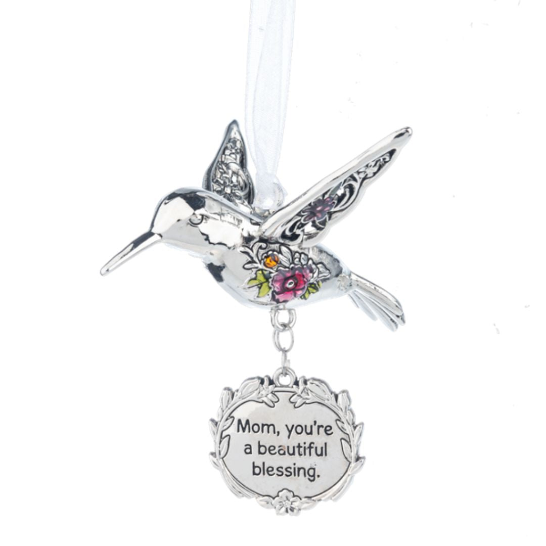 Humming Bird Hanging Ornament for Mother's Day with a message for mom that reads 'mom, you're a beautiful blessing.'