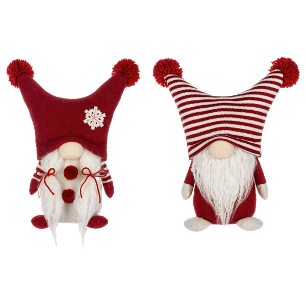 Festive Boy and Girl Red Winter Christmas Gnomes made of red and white polyester fabrics.