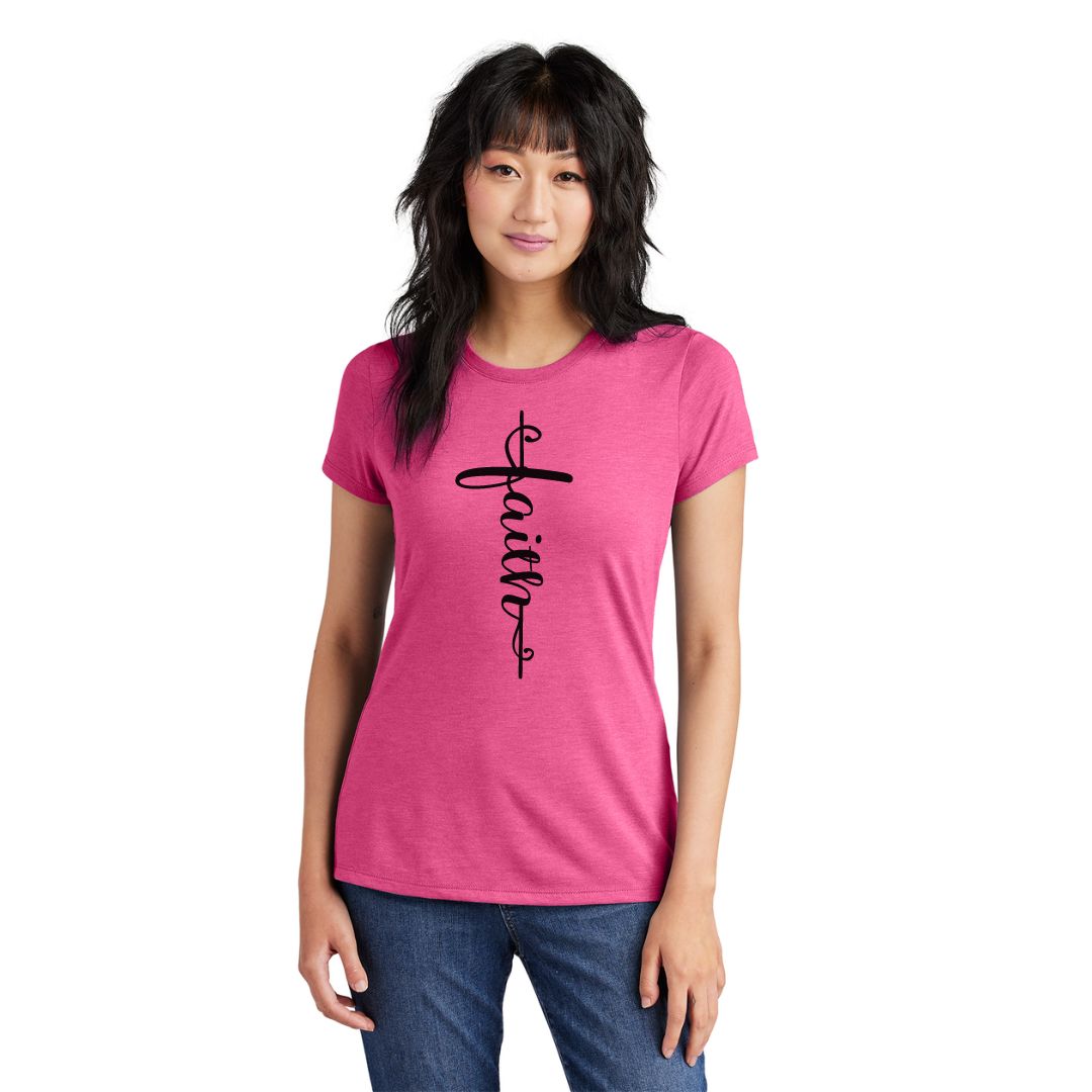 Inspirational Message of Faith in the shape of a cross direct to garment printed on a pink fuschia tri blend ladies t-shirt for Easter