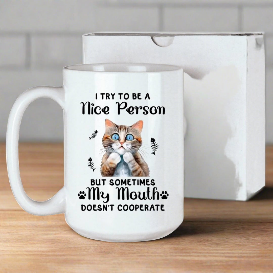 15-ounce white ceramic coffee mug with a funny quote and a comical picture of a cat pointing at its throat, includes gift box
