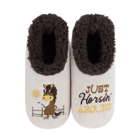 Just horsin around with a horse wearing sunglasses and drinking coffee embroidered design on womens slippers. Great gift idea for a coffee drinking horse lover.