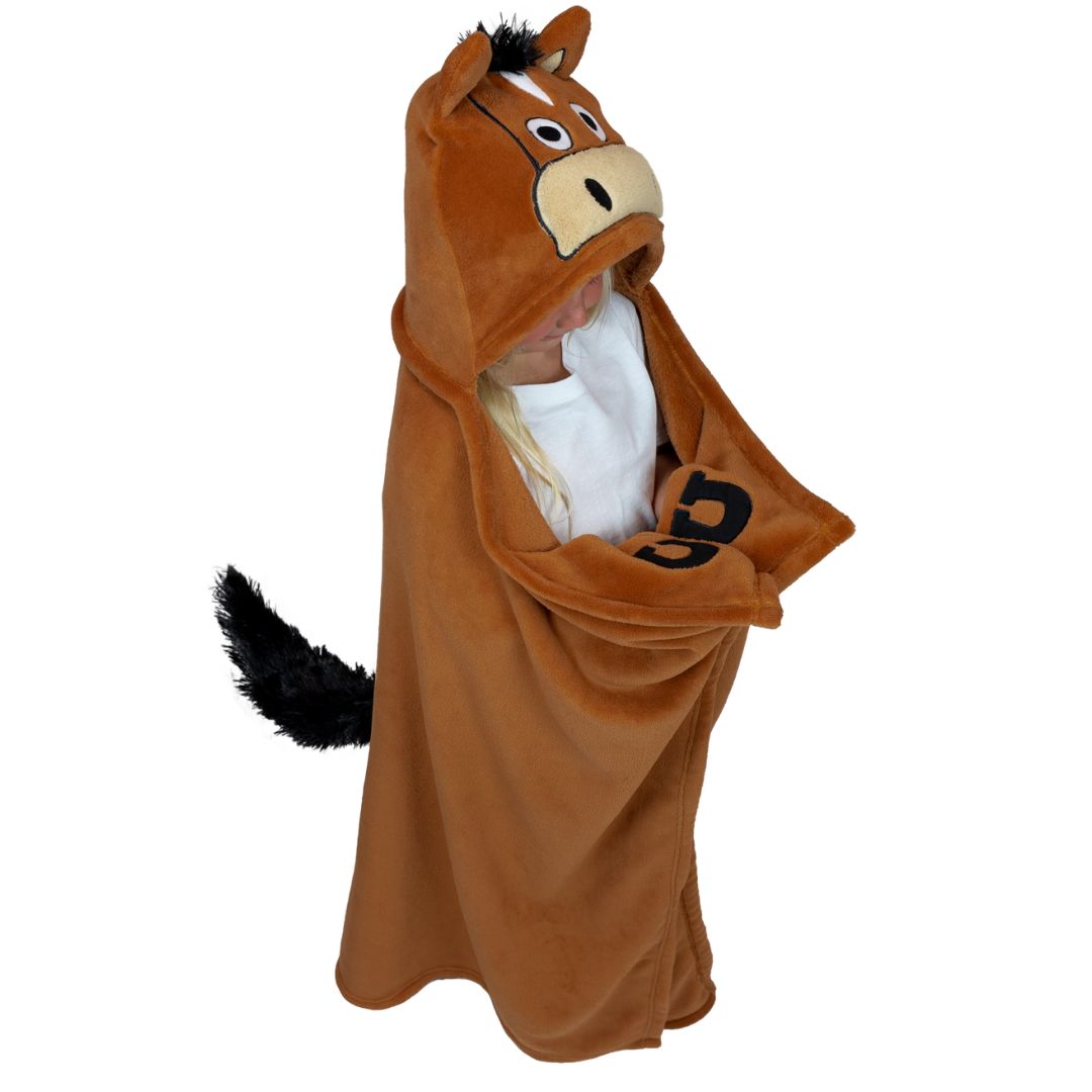 Child’s horse-themed hooded blanket in cinnamon stick brown, featuring appliqued details and cozy hand pockets, size 50” x 45”