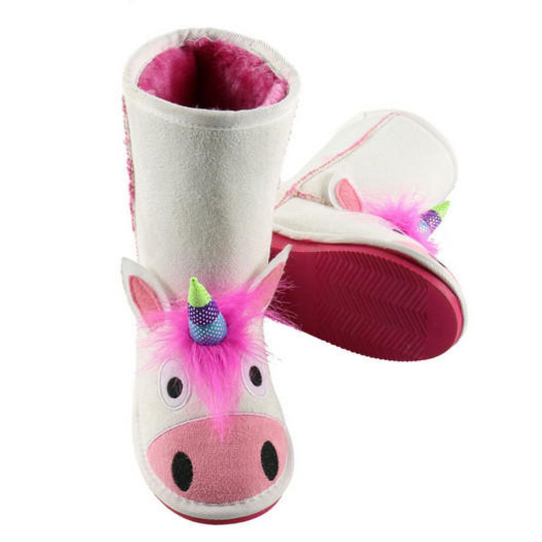 Kids' Unicorn Toasty Toez Slipper Boots with fuzzy fleece lining and flexible rubber soles, available in various kid sizes