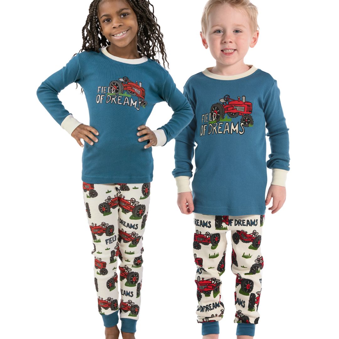 Kids' Field of Dreams pajama set, Lyons Blue top with red tractor graphic, natural-colored pajama bottoms with tractor pattern