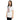 Woman wearing a white t-shirt with black graphic design on a white background