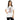 Woman wearing a white t-shirt with colorful text and graphics on a white background