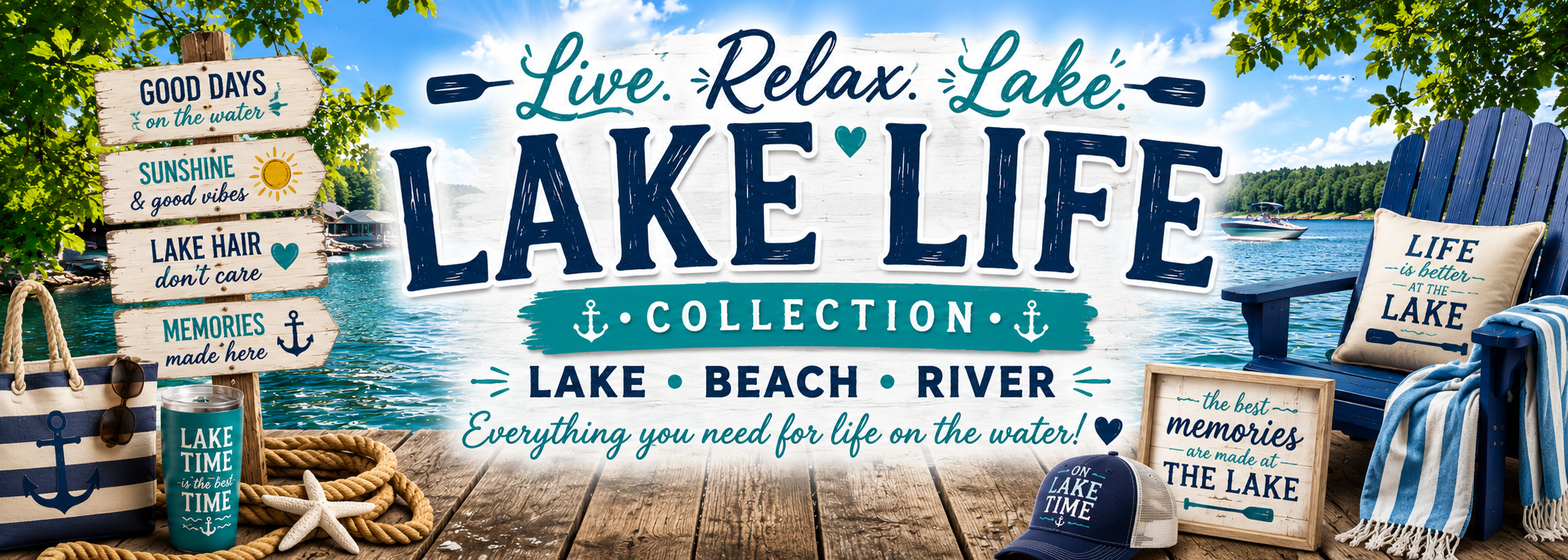 A nautical-themed 'Lake Life Collection' banner featuring a blue Adirondack chair, wooden signs with beach and lake quotes, a rope basket, and a striped throw blanket on a wooden dock by the water.