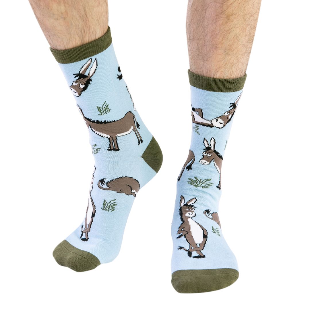 Funny Lazy Ass donkey crew socks in powder blue and loden green, made from a comfortable cotton blend, perfect for lounging or gifting