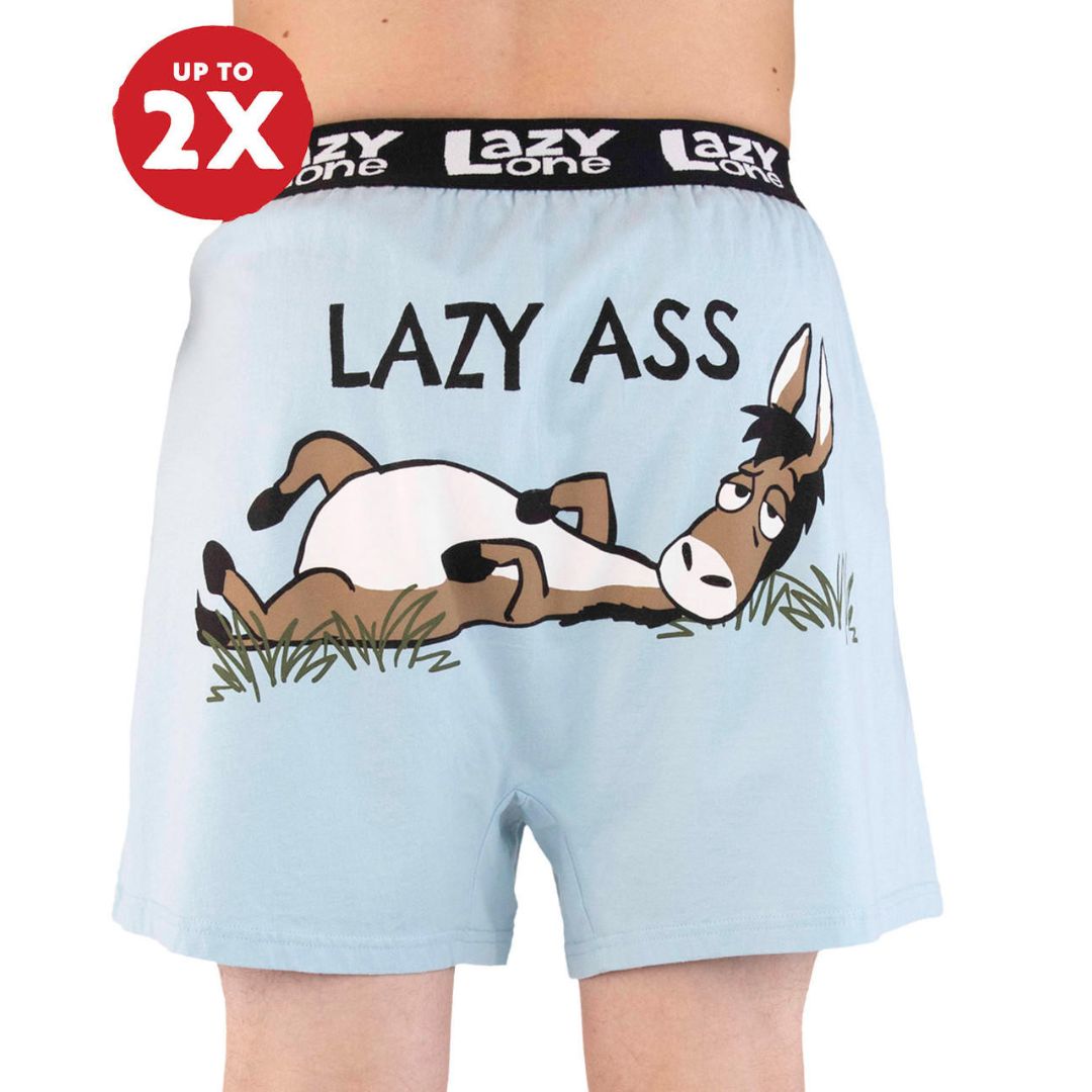 Men's funny Lazy Ass donkey boxers in powder blue, featuring a roomy fit, button fly, and exposed elastic waistband