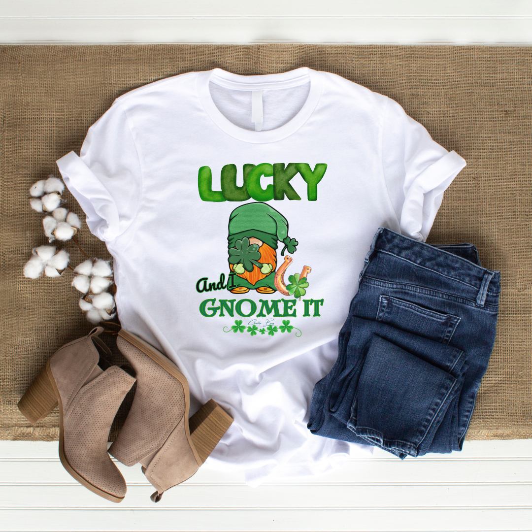 Lucky and I Gnome It Tee perfect St Patricks Day tee shirts on white gildan cotton softstyle tshirts