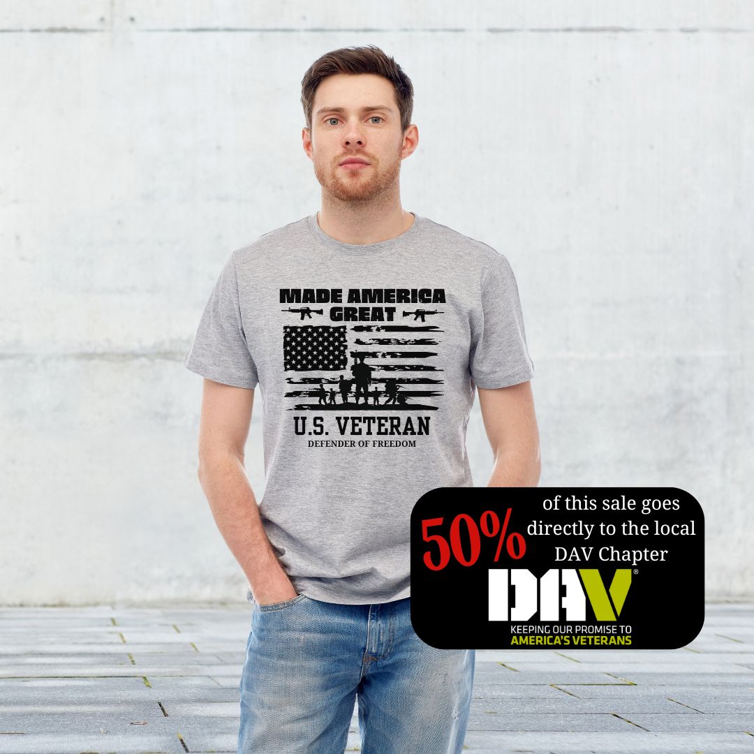 Graphic Tee: 'Made America Great. US Veteran. Defender of Freedom' design on sport grey cotton shirt. Proudly supporting DAV with every purchase.