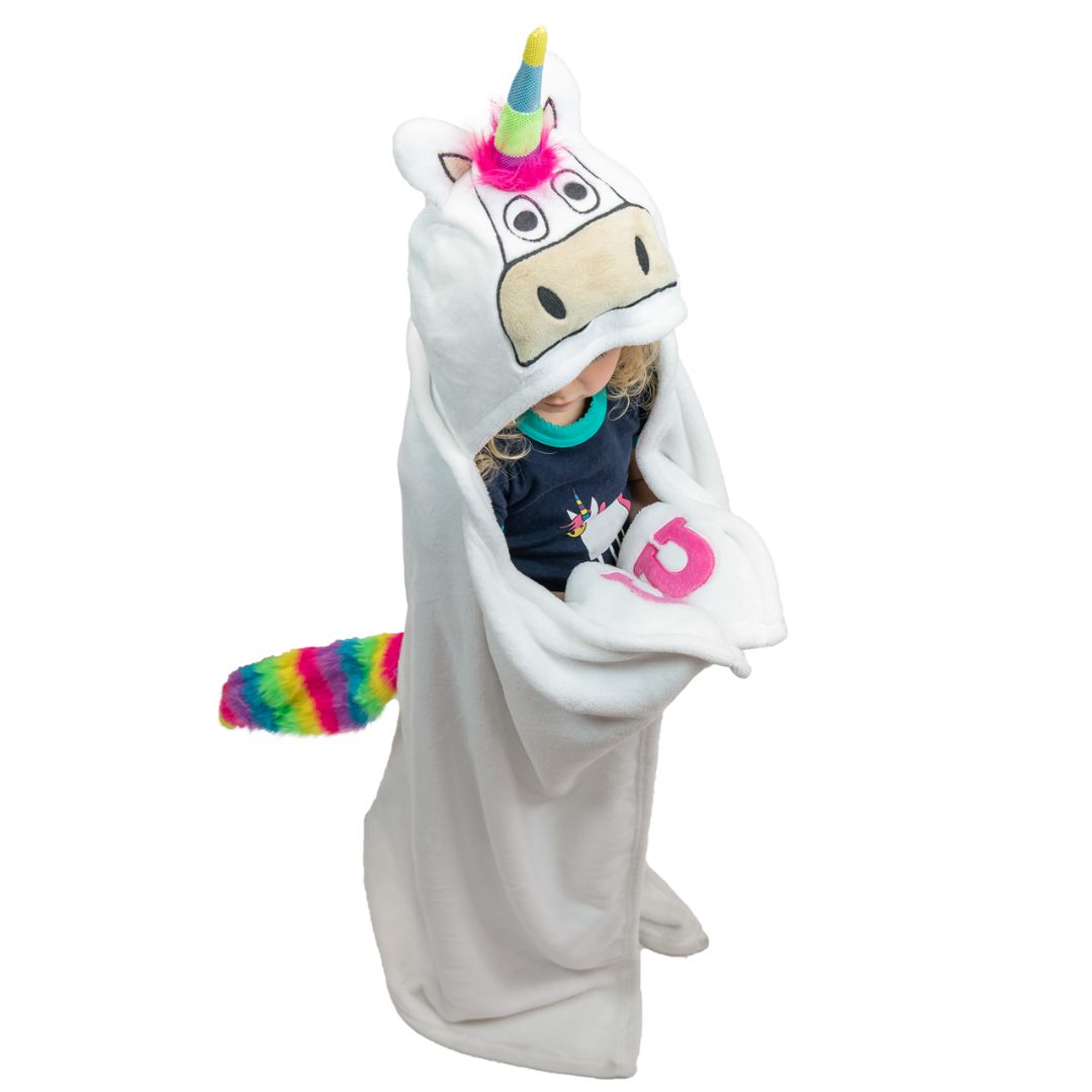 Child's hooded unicorn blanket in white fleece, featuring a unicorn face on the hood and detailed pockets