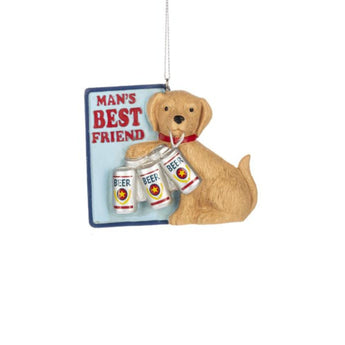 Man's Best Friend ornament with dog holding six-pack of beer
