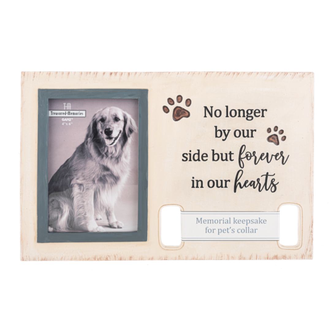 Memorial Pet Collar Picture Frame with No longer by our side but forever in our hearts text and a placeholder keepsake area for your pet's collar.