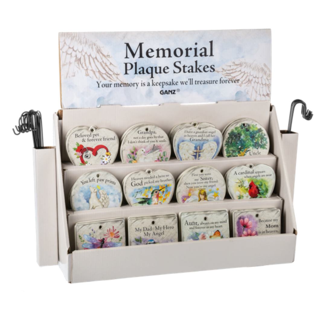 Memorial Plant Stakes for honoring mom, dad, sister, brother, grandma, grandpa, aunt, uncle, beloved pet, and more. Polyresin ornament comes with iron garden stake