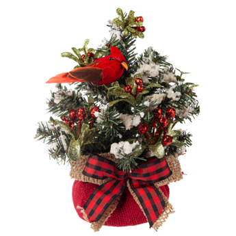 Mini Cardinal Evergree Tree with Red Burlap Base 
