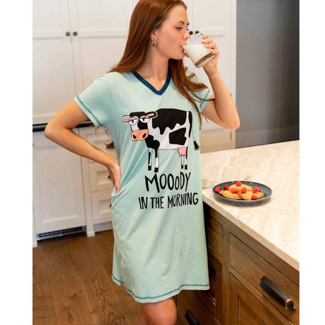Moody in the Morning Cow V-Neck Nightshirt - Honey Dew Blue