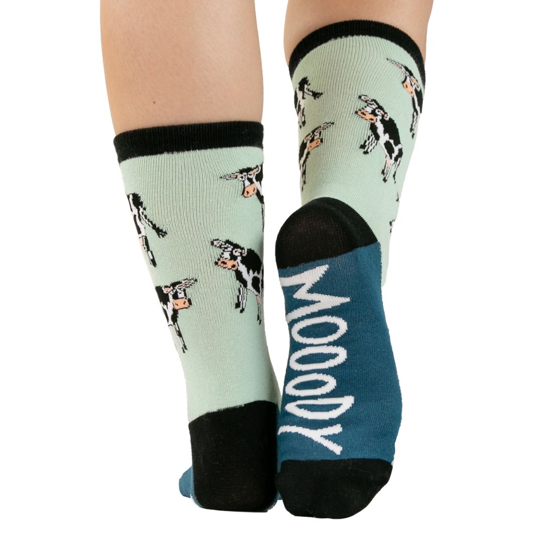 Moody in the Morning Cow Crew Socks - Honey Dew Blue, Lyons Blue, and Black