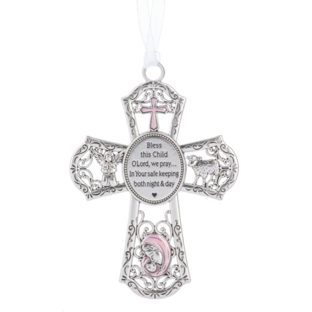 New Baby Girl Pink Crib Cross Ornament with Bless this Child O Lord, we pray...in your safe keeping both night and day prayer inscribed on it. 