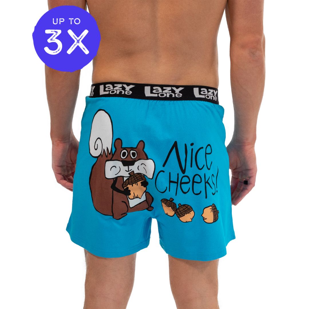 Men's funny squirrel boxers in lagoon blue with 'Nice Cheeks' print, featuring a button fly and exposed elastic waistband