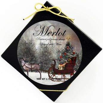 Northwoods Merlot Cheese Spread in black holiday box with gold bow