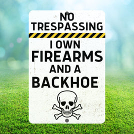 No Trespassing Metal Tin Sign with Firearms and Backhoe Warning and Skull, 8x12 inches, Funny Security Sign