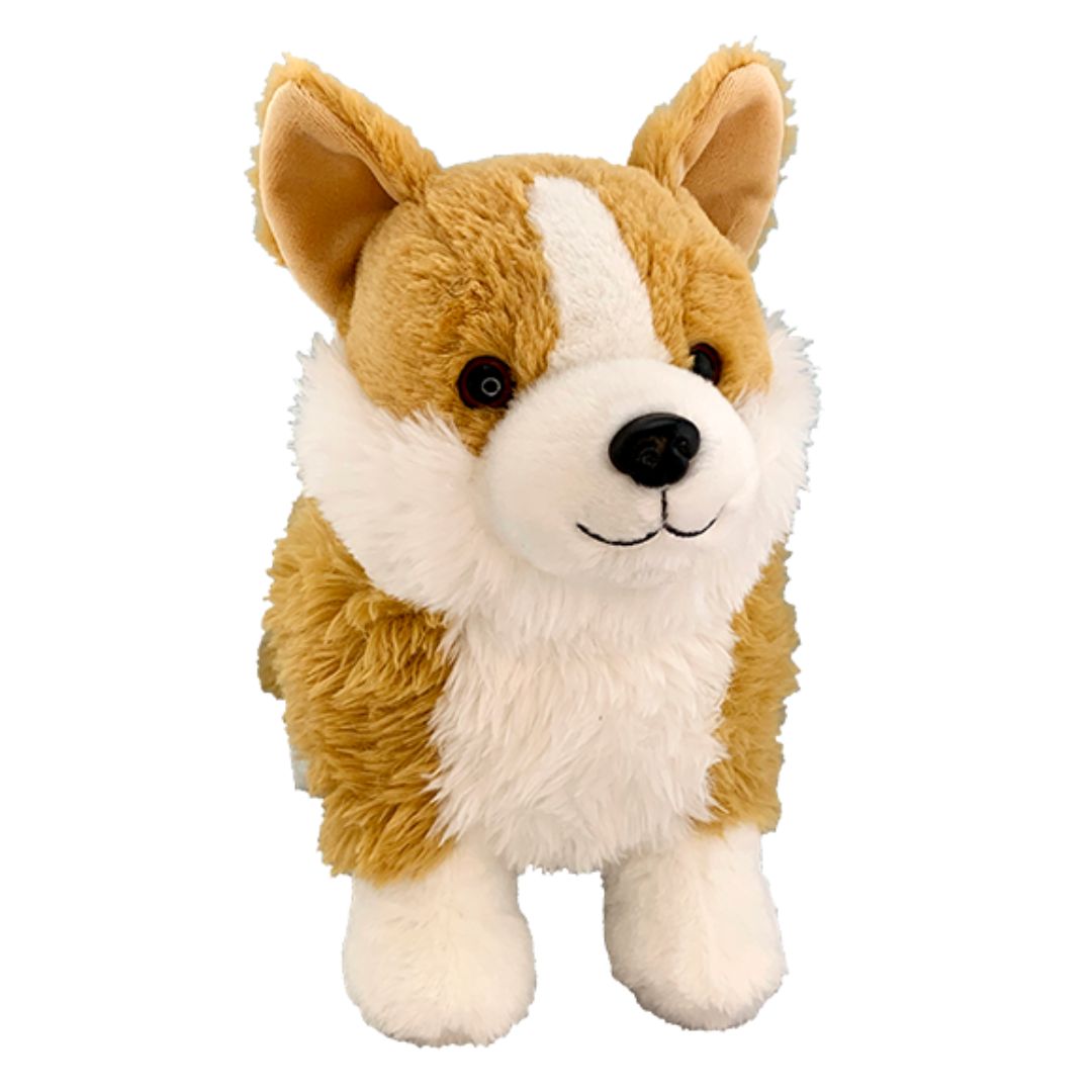 Nugget the adorable Corgi plush toy with signature short stubby legs and expressive plastic eyes, perfect as a unique cuddle companion, available at Chivilla Bay.