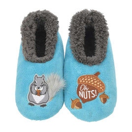 Oh nuts and Squirrel desing embroidered on womens blue soft slippers from Snoozies