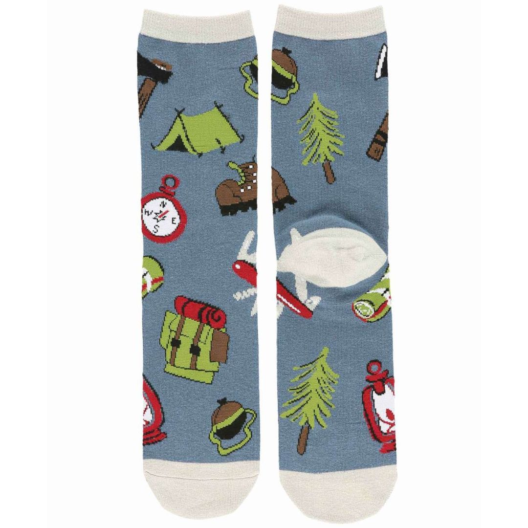 Outdoor gear-themed crew socks with camping equipment print, durable cotton blend, contrasting heel and toe, suitable for both men and women