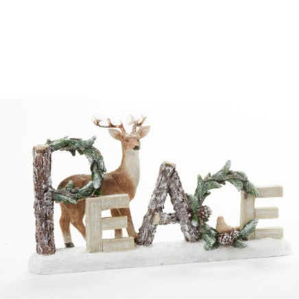 PEACE Woodland Christmas Centerpiece with a deer and PEACE in log and christmas greens figurine. Makes a great table top centerpiece or shelf decor accent piece.