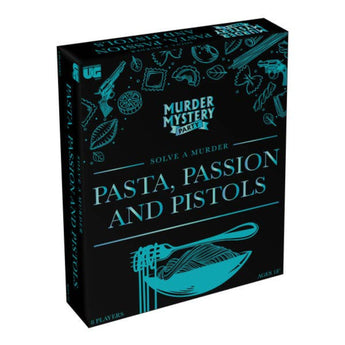 Pasta, Passion & Pistols Murder Mystery Party Game box set with Italian themed art and mystery clues