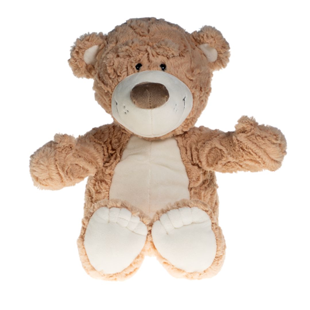 Pat the Bear, a 16-inch super soft teddy bear with brown fur, tan belly, paws, and button eyes, perfect for cuddling, available at Chivilla Bay.
