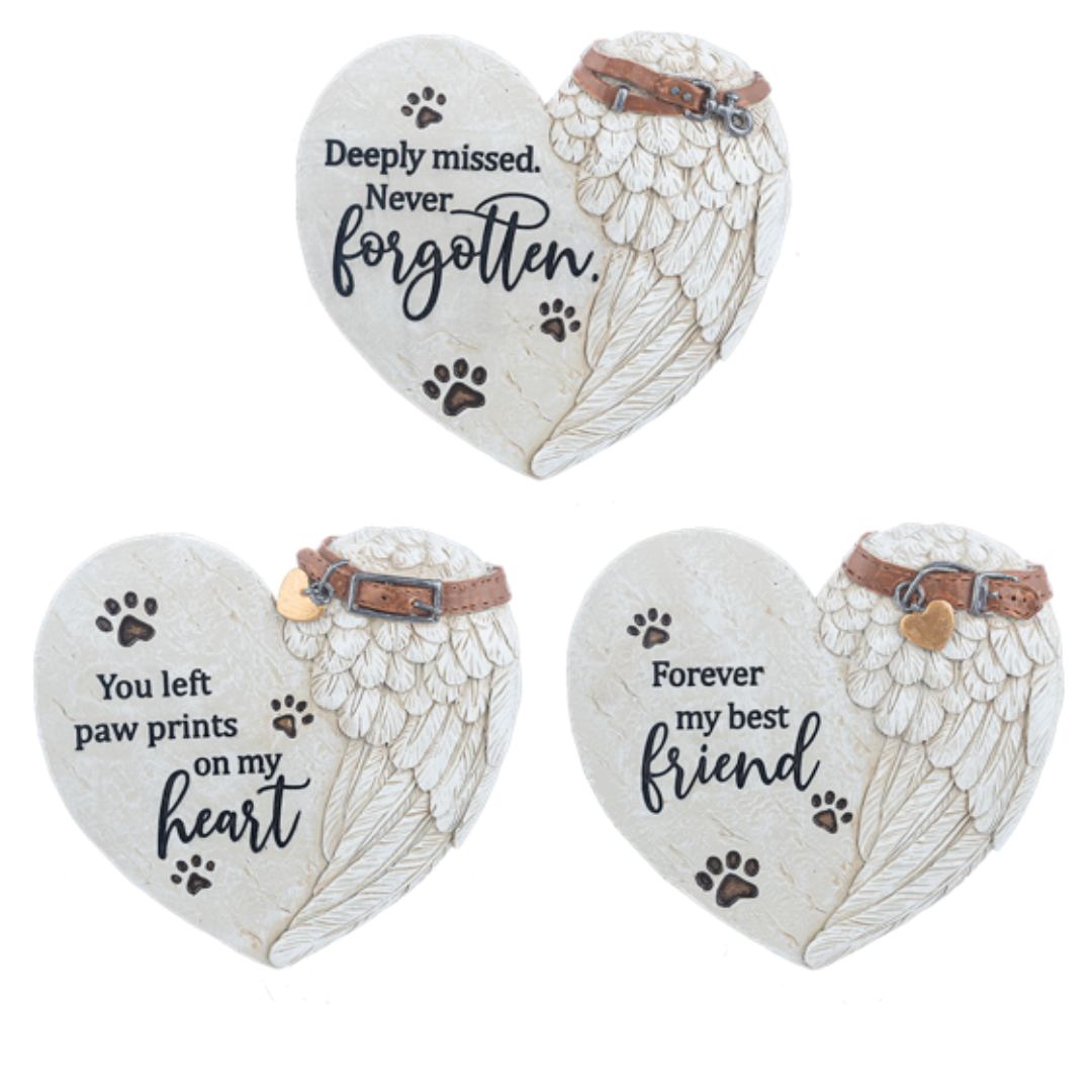 Pet Memorial Heart Stones with keyhole for easy wall mounting, assorted heartfelt designs