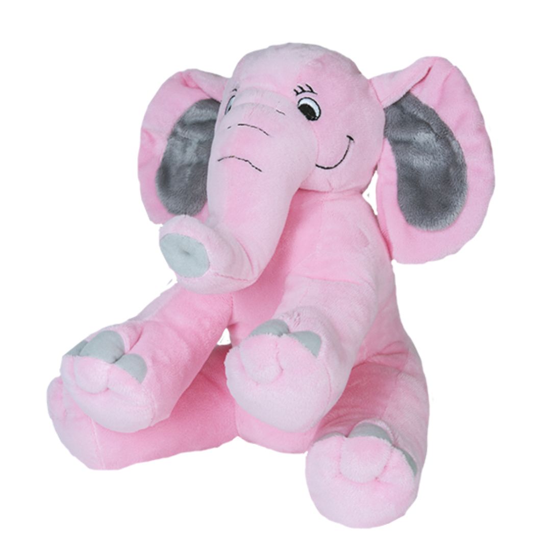 Pinky the Pink Elephant, 16-inch plush toy, soft and cuddly, baby girl gender reveal party idea. Pair with Elmer the blue elephant, available at Chivilla Bay.