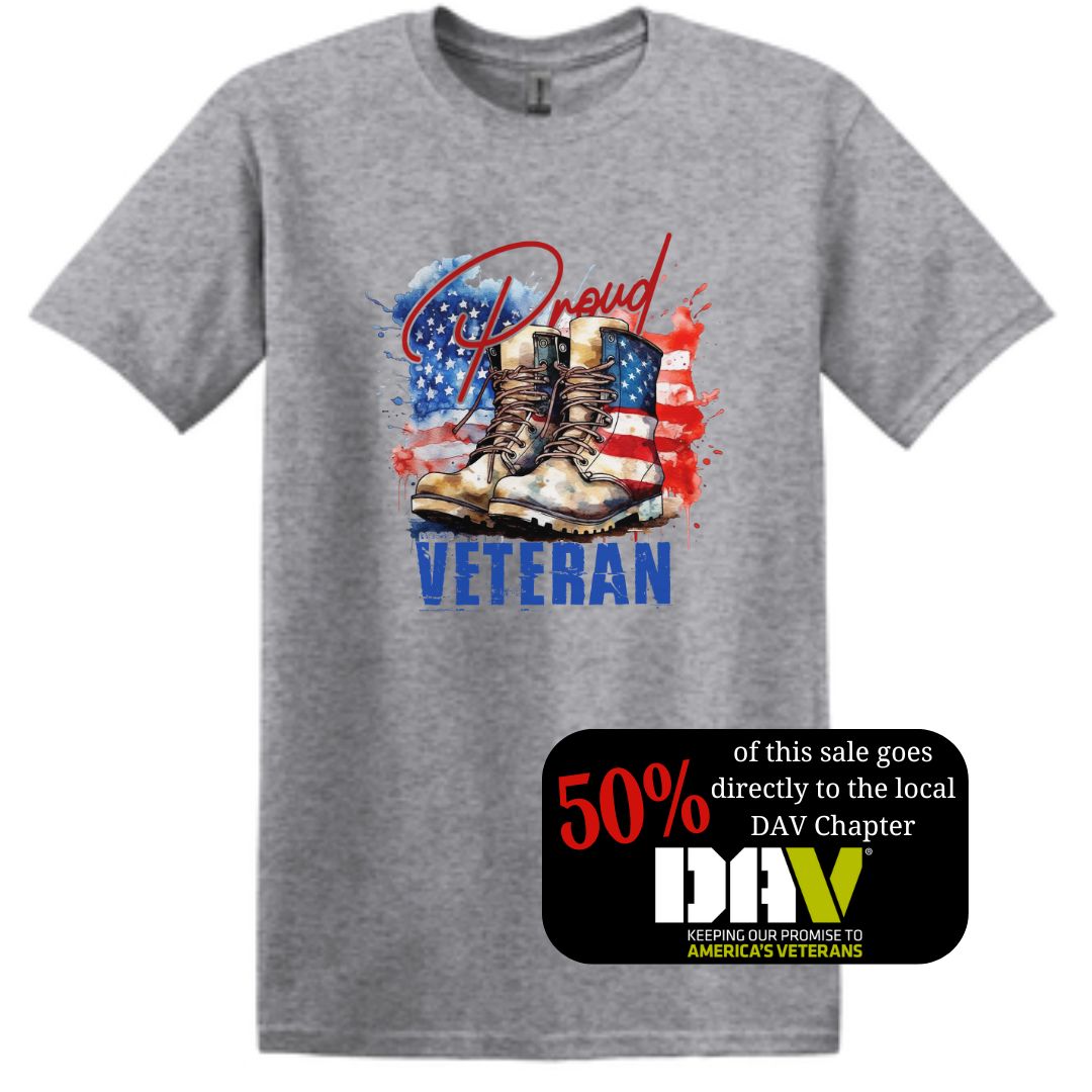 Proud Veteran T-Shirt: American Flag & Boots Graphic design on sport grey cotton shirt. Proudly supporting DAV with every purchase.