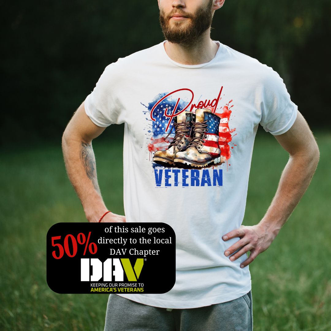 Proud Veteran T-Shirt: American Flag & Boots Graphic design on white cotton shirt. Proudly supporting DAV with every purchase.