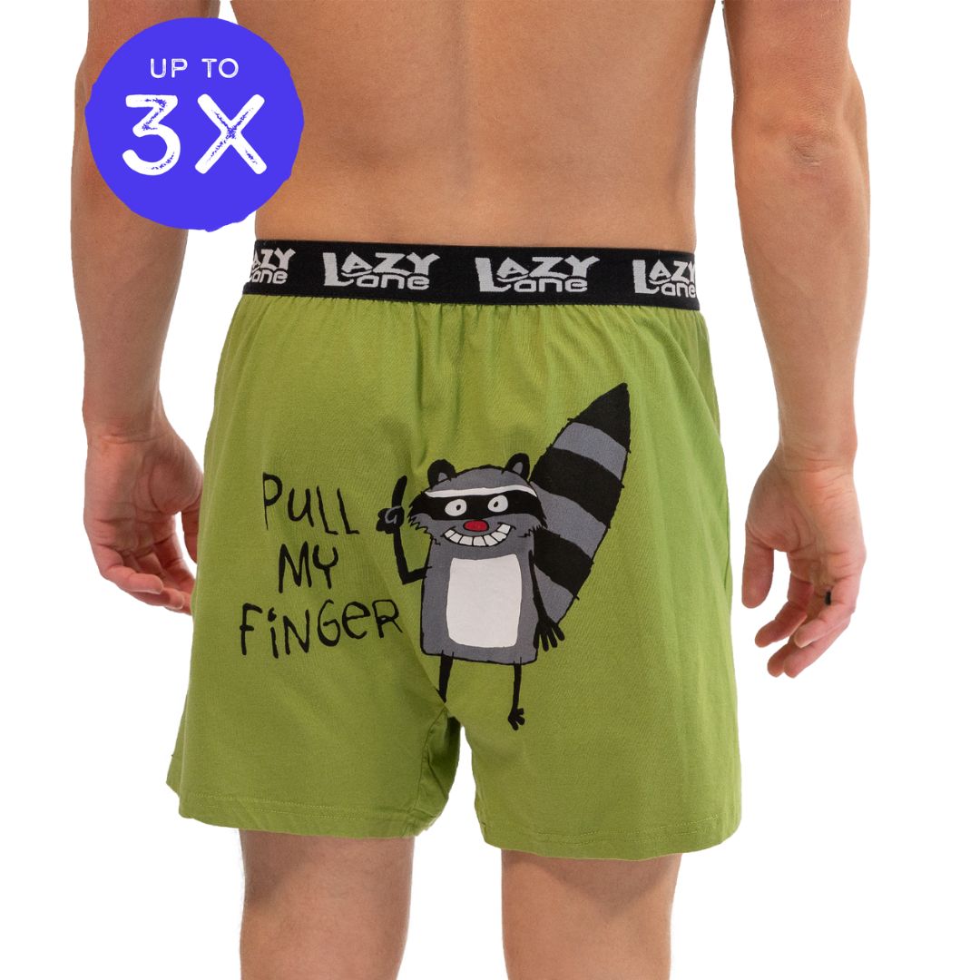 Men's funny boxers in spinach green with 'Pull My Fingers' print, featuring a button fly and exposed elastic waistband.