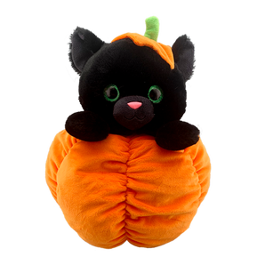 Pumpkin Pie 16 inch plush black cat with green eyes inside a pumpkin toy
