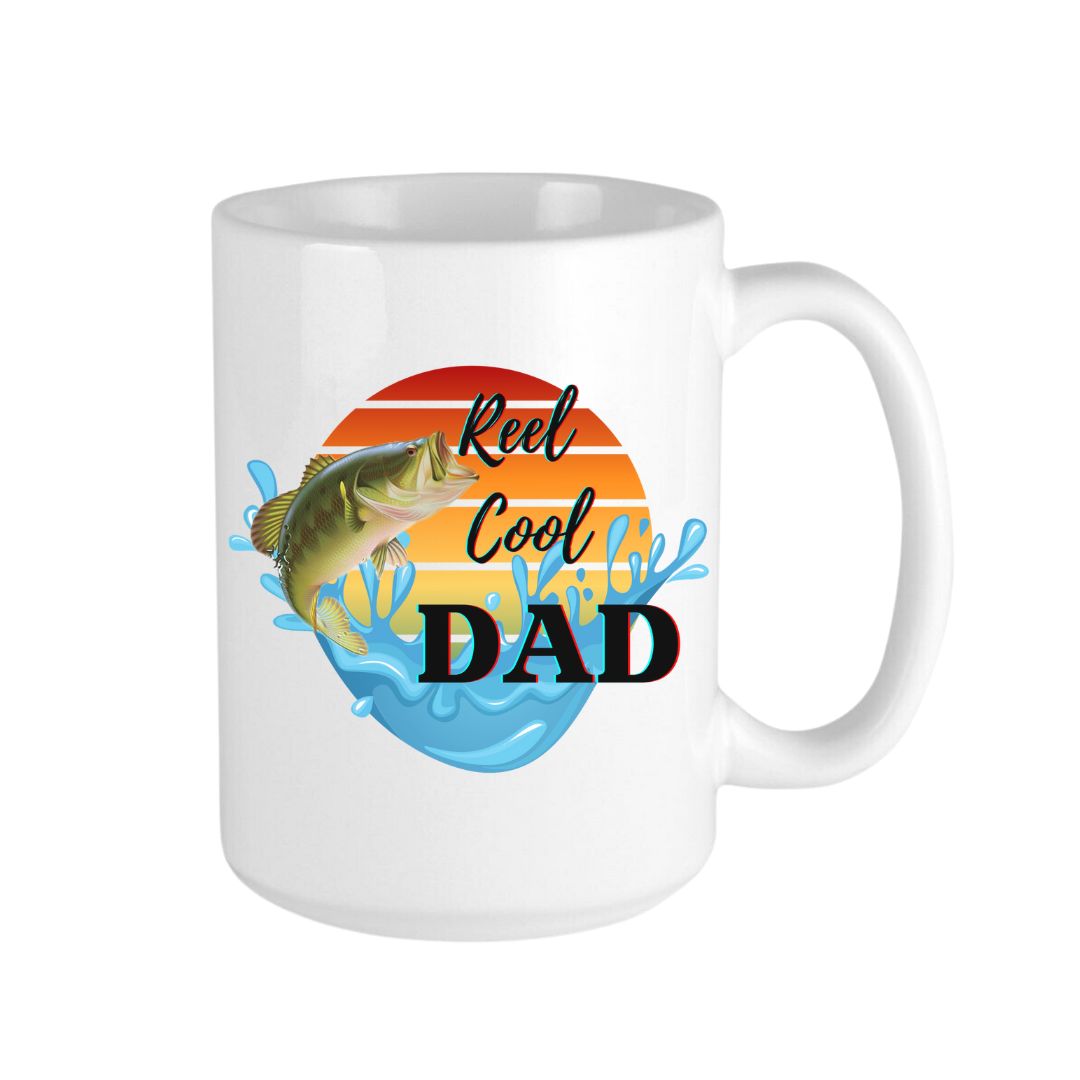Fishing Dad coffee mug with a 'reel cool dad' message featuring a watercolor fish design on a white ceramic 15 oz coffee mug.