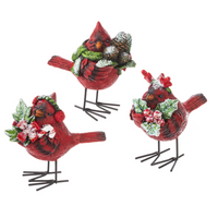 Red Christmas Cardinals with wire feet resin figurines 4" tall