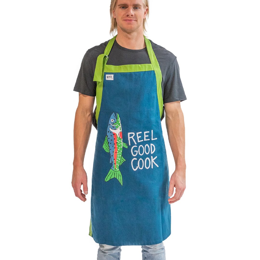 Reel Good Cook fish-themed BBQ apron in Lyon's Blue with adjustable neck strap and contrasting trim