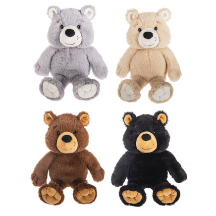 Plush Super Soft 12 inch Ridge Bears from Ganz in assorted colors including Brown, Black, Grey and Tan.