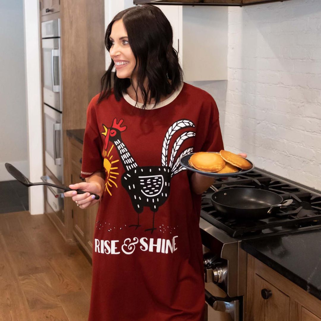 "Rise & Shine" Chicken Nightshirt with a cute rooster design in fired brick red color