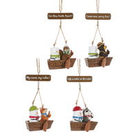 Canoe ornament for Christmas featuring S'mores characters and friends including a squirrel, a bear, fox and raccoon. Great gift idea for camping enthusiasts, lake lovers and canoes.