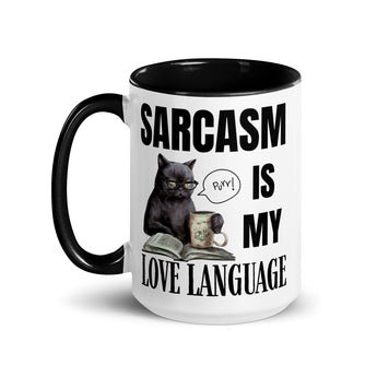 Sarcasm Is My Love Language cat coffee mug with black interior and handle featuring sarcastic reading cat design