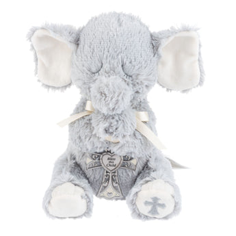 Serenity Bless This Child 11" gray plush elephant with removable crib cross by Ganz.